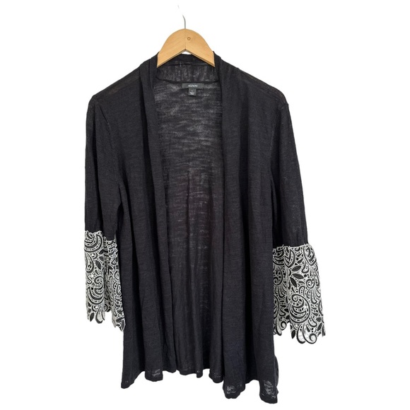 Alfani Open Front Linen Cardigan Black Sweater White Lace Bell Cuffs Size Large - Picture 7 of 16